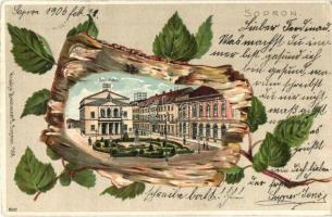 1906 Sopron, színház. Faleveles dombornyomott litho művészlap. Kummert L. kiadása / Embossed leaves litho art postcard (EK)