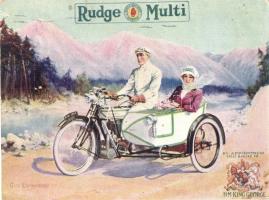 Rudge Multi motorcycle with sidecar by Rudge-Whitworth Cycles, advertisement card. s: Guy Lipscombe (11,5 cm x 8,5 cm) (fa)
