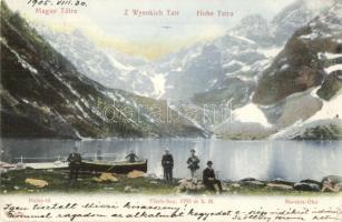 1905 Tátra, Tatry; Halas-tó, vadászok fegyverekkel. Franz Pietschmann kiadása / Fisch-See / Morskie Oko / lake, hunters with guns (EK)