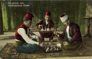 Sah igrajuci turci / Schachspielende Türken / Sakkozó törökök, folklór / Turkish men playing chess. W. L. Bp. No. 4. 1910.