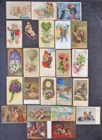 24 db RÉGI üdvözlőlap sok dombornyomott és litho lappal / 24 pre-1945 greeting art postcards with many embossed and litho pieces