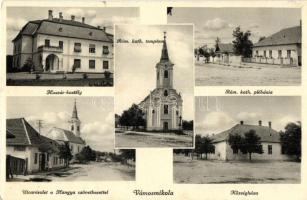 1938 Vámosmikola, Római katolikus templom és plébánia, községháza, Huszár kastély, utca, Hangya szövetkezet üzlete és saját kiadása