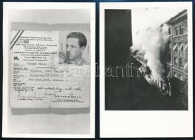 1939, 1946 Id.id. Kesjár János (szül. 1898) műhelyének égése és versenyvezetői igazolványáról készült fotó, 2 db utólagos előhívás, feliratozva, 9,5×6,5 cm