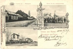 1900 Árpatarló, Ruma; Fő utca, vasútállomás, Szent Kereszt szobor / main street, railway station, cross monument. Art Nouveau, floral