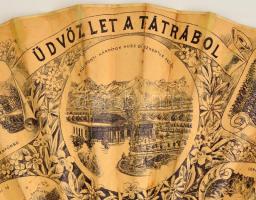 1890 Üdvözlet a Tátrából, illusztrált legyező, rajta ismertebb tátrai helyek (Ótátrafüred, Alsó-Tára...