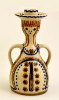 Iparművész figurális gyertyatartó, kézzel festett mázas kerámia, jelzés nélkül, m: 19 cm