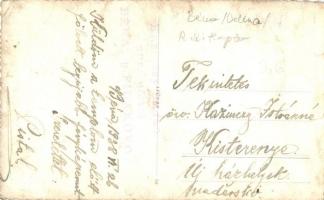 1938 Béna, Belina; férfi automobillal a római katolikus templom előtt / man with automobile next to ...