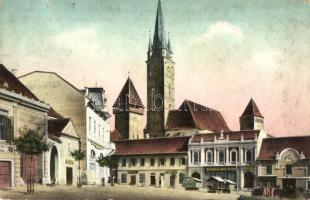 Medgyes, Mediasch, Medias; Kleiner Marktplatz / Piac tér, Evangélikus templom, Wilhelm Breckner üzlete. Franz Wendler kiadása / market square, Lutheran church, shops (EK)