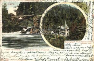 1903 Tátra, Barlangliget, Höhlenhain, Tatranská Kotlina; Landoki híd vízeséssel, Ivánka nyaraló. Feitzinger Ede 523. 1902/12. / bridge, waterfall, villa (EK)
