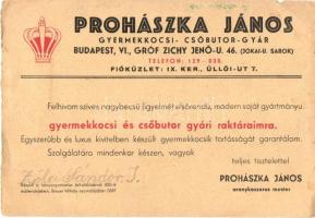 1940 Prohászka János gyermekkocsi és csőbútor-gyár reklámlapja babakocsival. Budapest, Gróf Zichy Je...