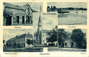 1939 Lajosmizse, Kultúrház, Állami elemi iskola, vasútállomás, strandfürdő, Római katolikus templom