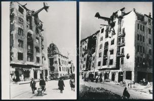 cca 1945 Budapest, Krisztina krt., lelőtt repülőgép egy lakóház felső szintjén, 2 db fotó, későbbi előhívás, hátulján feliratozva, 12×9 cm
