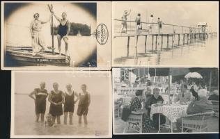 cca 1927-1967 Balatoni életképek, fürdőzés, vitorlázás, hajókikötő, 13 db fotó, 13×8 és 23×17 cm köz...