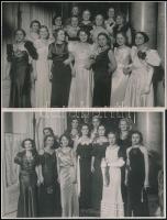 cca 1935 Báli ruhák divatja, 4 db vintage fotó a budapesti társasági életben forgolódó hölgyekről, jelzett képek, 11,5x17,5 cm