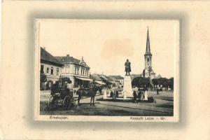 1911 Érsekújvár, Nové Zámky; Kossuth Lajos tér és szobor, templom, lovaskocsi, Nemzeti szálloda, Steiner Miksa üzlete. W.L. Bp. 443. / square, statue, hotel, shop, horse cart (EK)