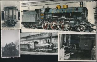 Különböző korokból 13 db régi mozdony, vonat és kalauz, vintage fényképe, Fekete György (1904-1990) budapesti fényképész gyűjtéséből 5x5,5 cm és 9,5x22,5 cm között