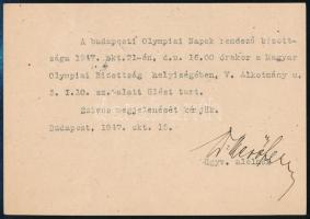 1947 Mező Ferenc (1885-1961) a Magyar Olimpiai Bizottság elnökének saját kézzel aláírt irata .