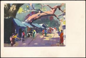 S. Pichairaj jelzéssel: 7 db keleti életkép sorozat. kavarell, papír, jelzettek / Eastern scenes. Watercolor. 19x14 cm
