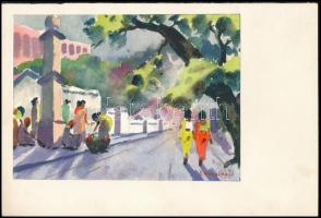 S. Pichairaj jelzéssel: 7 db keleti életkép sorozat. kavarell, papír, jelzettek / Eastern scenes. Wa...