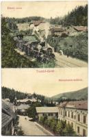 Tusnádfürdő, Baile Tusnad; Vasútállomás, érkező vonat, Háromhuszár szálloda, Dragomán cég kiadása / railway station, locomotive, hotel