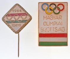 1964. Tokyo olimpiai kitűző (21x21mm) + ~1964. Magyar Olimpiai Bizottság műgyantás, festett(?) jelvény (21x31mm) T:2