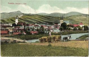 Podolin, Podolínec (Szepes, Zips); látkép, híd, templom, szénásszekér. Kiadja Feiztinger Ede No. 927a / general view, bridge, church, hay wagon (Rb)