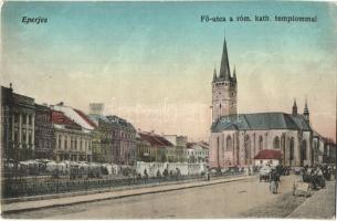 Eperjes, Presov; Fő utca, Római katolikus templom, piaci árusok / main street, Catholic church, market vendors