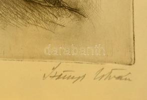 Szőnyi István (1894-1960): Este falun, rézkarc, papír, jelzett, üvegezett fa keretben, 21,5×22,5 cm