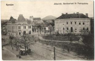 Eperjes, Presov; Jókai tér, Szeminárium, papnevelde, Posta palota, árusok. Cattarino S. utóda Földes Samu kiadása / square, seminary, theological college, post office, market vendors (EK)