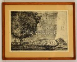 Lukovszky László (1922-1981): Ég és föld, rézkarc, papír, jelzett, paszpartuban, üvegezett fa keretben, 33×48 cm