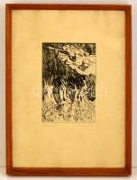 Csohány Kálmán (1925-1980): Harsonások, rézkarc, papír, jelzett, üvegezett fa keretben, 29×20 cm
