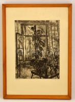 Scultéty Éva (1917-2001): Ablak, rézkarc, papír, jelzett, üvegezett fa keretben, 39×30 cm
