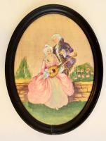 Barokk szerelmi jelenetet ábrázoló kézzel festett selyemkép fa keretben, 23×16,5 cm