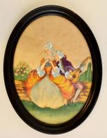 Barokk szerelmi jelenetet ábrázoló kézzel festett selyemkép fa keretben, 23×16,5 cm