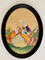 Barokk szerelmi jelenetet ábrázoló kézzel festett selyemkép fa keretben, 23×16,5 cm