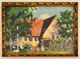 Leszek M. jelzéssel: A ház udvarán. Akvarell, vászon, üvegezett keretben, 24×36 cm