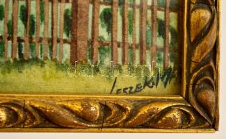 Leszek M. jelzéssel: A ház udvarán. Akvarell, vászon, üvegezett keretben, 24×36 cm