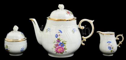 Hollóházi virágmintás teás készlet, matricás, jelzettek: 4 db csésze+alj, cukortartó, tejkiöntő, kan...