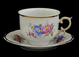 Hollóházi virágmintás teás készlet, matricás, jelzettek: 4 db csésze+alj, cukortartó, tejkiöntő, kan...