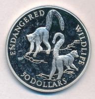 Cook-szigetek 1992. 50$ Ag "Veszélyeztetett állatvilág - Gyűrűs farkú lemúrok" T:1- (erede...