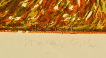 Somlai Vilma (1938-2007): Virágos mező, színes linó, papír, jelzett, számozott (54/100), 30×35 cm