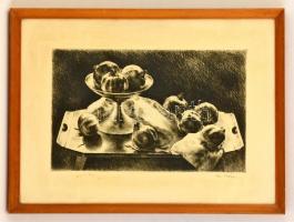 Kiss Terézia (1928- ): Gránátalmás csendélet, rézkarc, papír, jelzett, üvegezett fa keretben, 27×43 cm