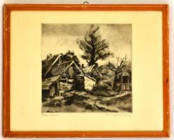 Remsey Jenő (1885-1970): Falusi házak, rézkarc, papír, jelzett, üvegezett fa keretben, 29×29,5 cm