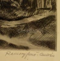 Remsey Jenő (1885-1970): Falusi házak, rézkarc, papír, jelzett, üvegezett fa keretben, 29×29,5 cm