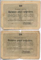 1848. 5Ft vörösesbarna (2x) + 1849. 30kr (2x) Kossuth bankó T:III-,IV ly.,ragasztás