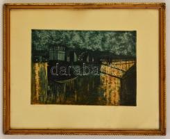 Nyári Lóránt (1928-1982): Stég az esti Dunán, színezett rézkarc, papír, jelzett, üvegezett fa keretben, 24,5×34,5 cm