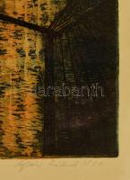 Nyári Lóránt (1928-1982): Stég az esti Dunán, színezett rézkarc, papír, jelzett, üvegezett fa keretb...