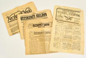 1915-1938 Kecskeméti folyóiratok, 7 db:  1915 Kecskeméti napló, IV. évf. 75., 84.,106. számok,  1915-1918 Kecskeméti Lapok. XLVIII. 204 sz., LI. évf. 196. sz., 1938 Kecskeméti közlöny, 1938. augusztus 20. XX. évf. 187 sz.