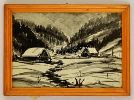 Kassay jelzéssel: Téli táj, akvarell, papír, üvegezett fa keretben, 32×47 cm