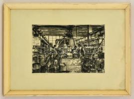 Jelzés nélkül: Szocialista brigád, rézkarc, papír, üvegezett fa keretben, 19,5×30 cm
